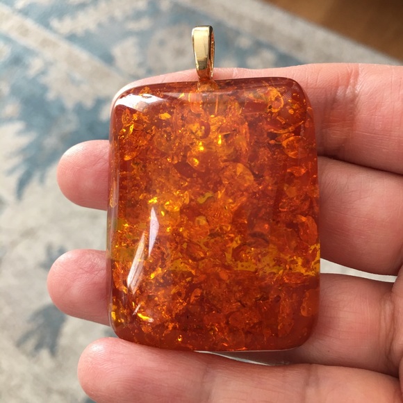 Vintage Jewelry - Man made honey amber gold plated sterling silver pendant